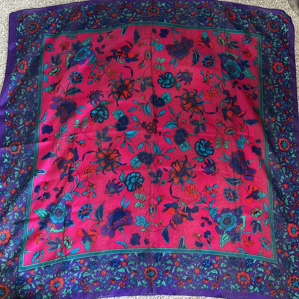 Purple and pink floral silk vintage scarf